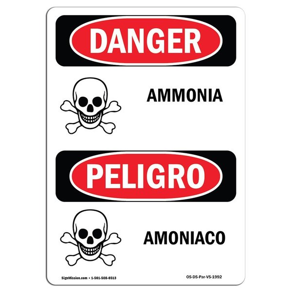 Signmission Safety Sign, OSHA Danger, 18" Height, Rigid Plastic, Amoniaco, Bilingual Spanish OS-DS-P-1218-VS-1992